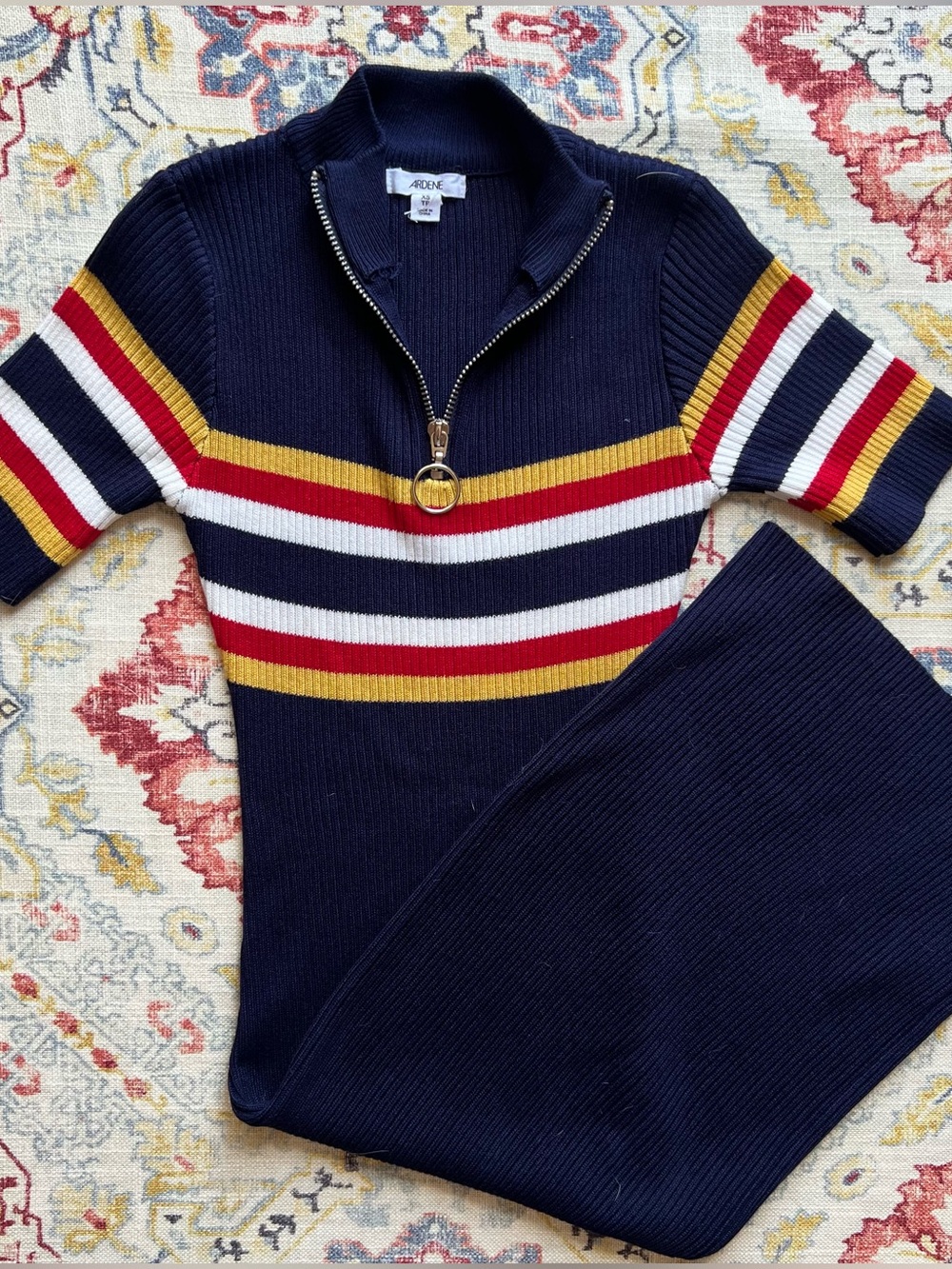 Ardene Preppy Striped Bodycon Sweater Dress Navy‎ Blue Red Retro 70s Zip Neck XS